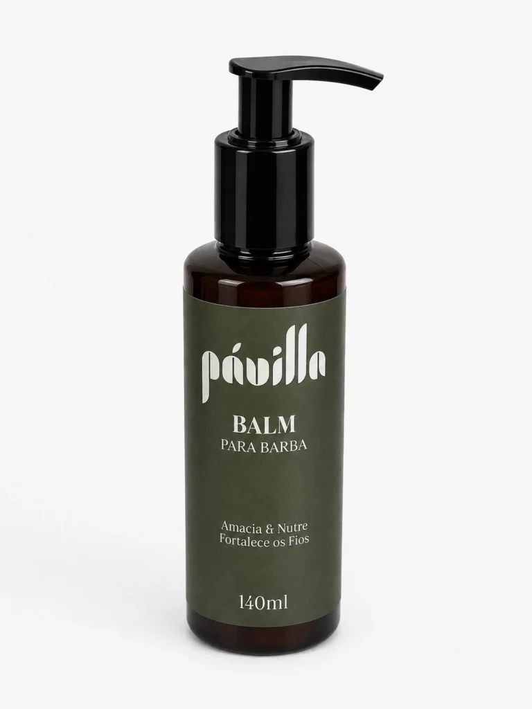Balm para Barba Pávilla 140ml, frasco âmbar com rótulo verde