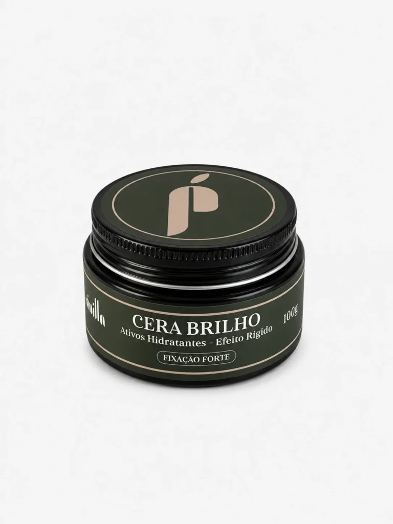 Cera Brilho Pávilla 100g, pote preto com rótulo verde-escuro e detalhes rosé