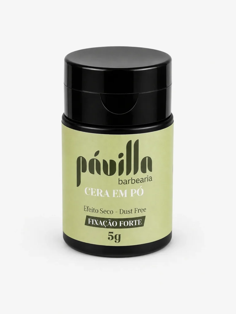 Cera em Pó Pávilla Barbearia 5g, pote preto com rótulo verde-claro