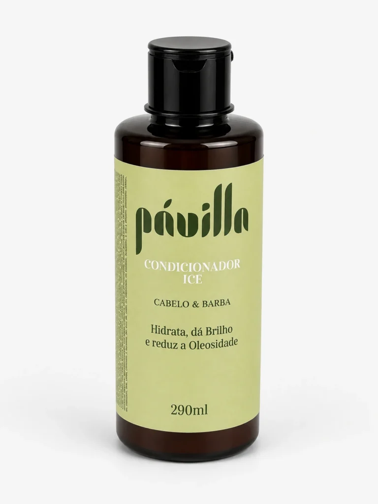 Condicionador ICE Cabelo & Barba Pávilla 290ml, frasco âmbar com rótulo verde-claro