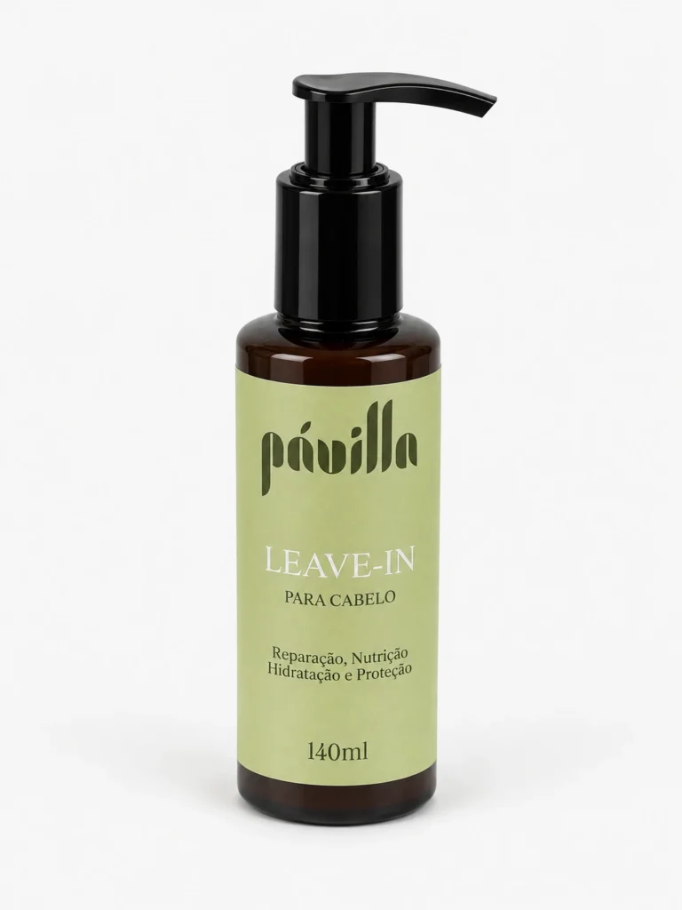 Leave-in para Cabelo Pávilla 140ml, frasco âmbar com bomba e rótulo verde-claro