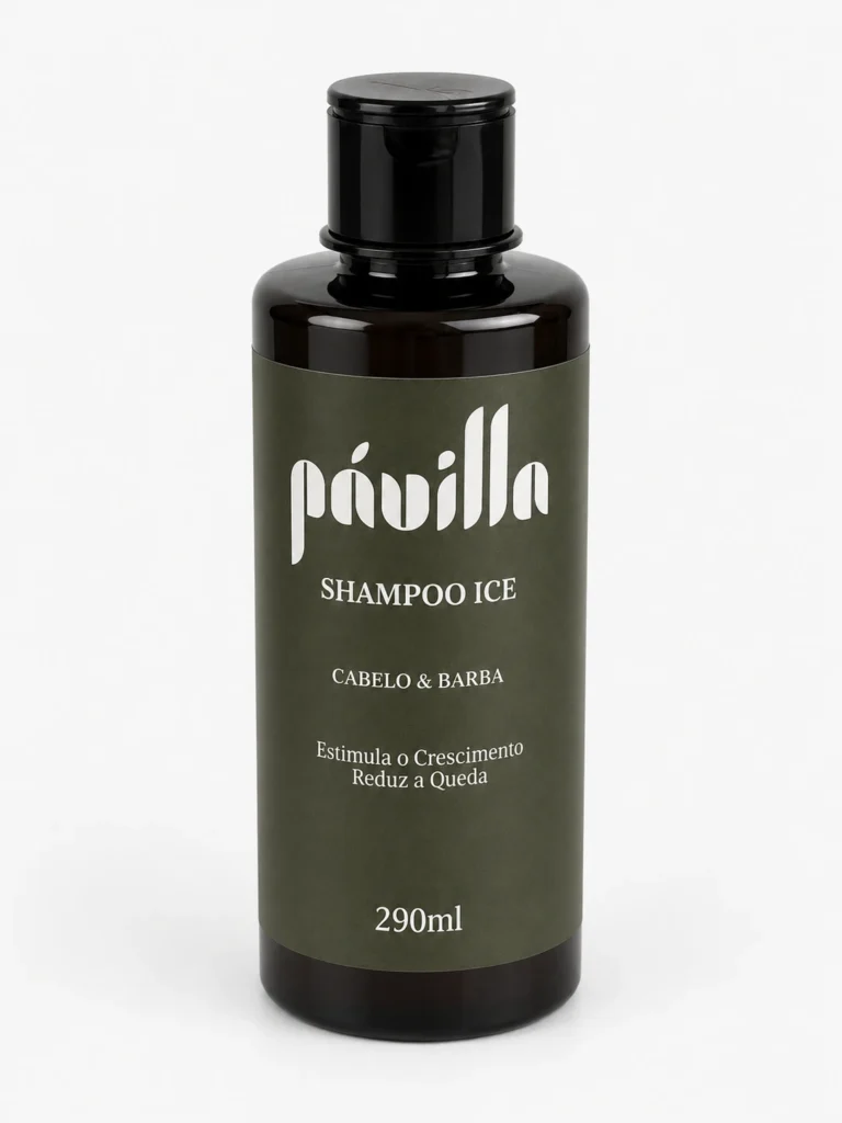 Shampoo ICE Cabelo & Barba Pávilla 290ml, frasco âmbar com rótulo verde-escuro